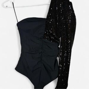 Express Black Sequin One-Shoulder Bodysuit